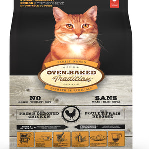 Oven-Baked Tradition grain free senior cat food. Weight control formula. Chicken meal. Format choice.