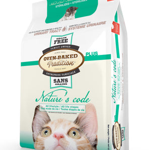 Oven-Baked Tradition grain free cat food. Urinary system maintenance formula. Chicken meal. Sterilized packaging. Format choice.