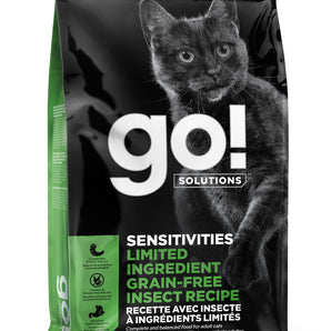 Nourriture sèche pour chats PETCUREAN GO! Formule sensibilités alimentaires. Recette à base d'insectes. Choix de formats.