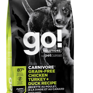 Carnivorous Puppy Food from Petcurean GO! Grain-free formula with Chicken, Turkey and Duck. Choice of formats.