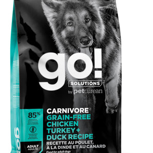 Carnivorous dog food from Petcurean GO! Grain-free formula with Chicken, Turkey and Duck. Choice of formats.