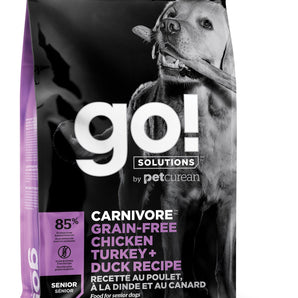Food for senior carnivorous dogs from Petcurean GO! Grain-free formula with Chicken, Turkey and Duck. Choice of formats.