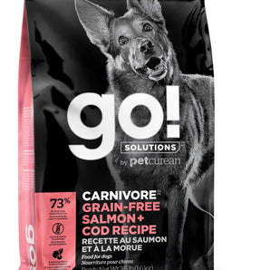 Petcurean GO! Grain-free formula. Salmon and cod meal. Choice of formats.