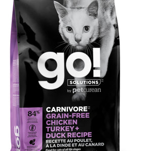 Petcurean GO! Grain-free formula. Chicken, turkey and duck meal. Choice of formats.