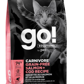 Petcurean GO! Grain-free formula. Salmon and cod meal. Choice of formats.