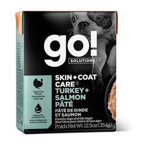 Food for dogs of all ages Petcurean GO! Skin and coat formula. Turkey and salmon meal. Tetra Pak packaging. 354g