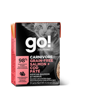 Nourriture pour chats carnivores Petcurean GO! Formule sans grains. Repas de saumon et morue. Emballage Tetra Pak. 182g