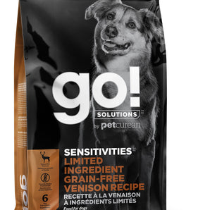 Nourriture sèche sans grains pour chiens PETCUREAN GO! SOLUTIONS Formule sensibilités alimentaires. Recette venaison. Choix de formats.