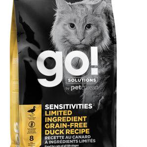 Nourriture sèche sans grains pour chats PETCUREAN GO! SOLUTIONS Formule sensibilités alimentaires. Recette au canard. Choix de formats.