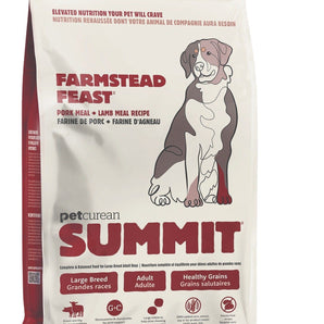 Nourriture sèche pour chiens adultes de grandes races PETCUREAN SUMMIT Farmstead Feast . Recette de porc et agneau. 11,34 kg.