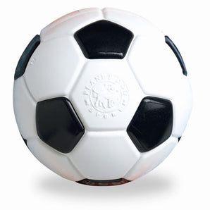 Rubber SOCCER BALL dog toy from PLANET DOG. Black and white colors.