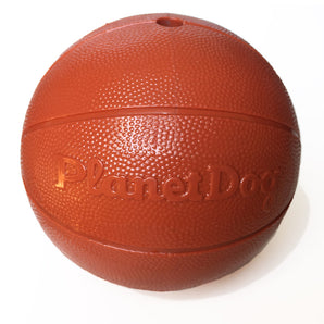 Rubber BASKETBALL dog toy from PLANET DOG. Orange color.