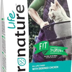 Pronature Life dry cat food. Formula for all breeds and life stages. FIT formula. Boneless chicken recipe. Format choice.