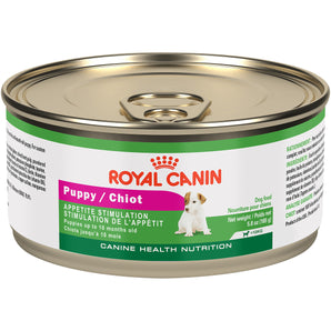 Nourriture en conserve pour chiots Royal Canin. Recette de pâté en sauce. Choix de formats.