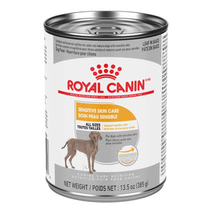 Canned dog food from Royal Canin. Formula for sensitive skin. Recipe for pâté in sauce. 385g