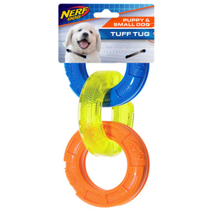 Jouet à tirer Nerf Dog en TPR avec trois petites anneaux.