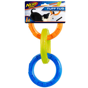 Nerf Dog pull toy in TPR with three large rings.