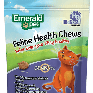 Gâteries pour chats Emarald Pet, formule contrôle des boules de poils sans céréales ni soja.