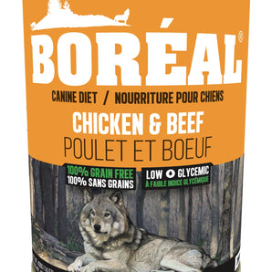 BORÉAL grain free canned dog food. Chicken and beef recipe. 690g.