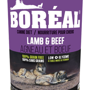 BORÉAL grain free canned dog food. Lamb and beef recipe. 690g.