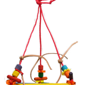 ZOO-MAX bird toy. Cotton pyramid with pieces of wood and vegetable leather. Height: 6 in.